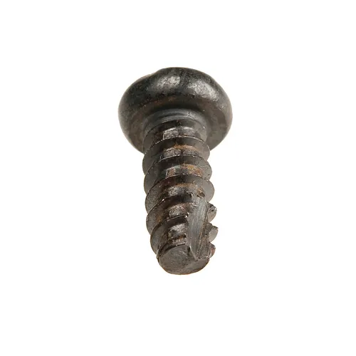 A close-up view of a single metal screw with a rounded head and coarse threads, isolated on a white background.