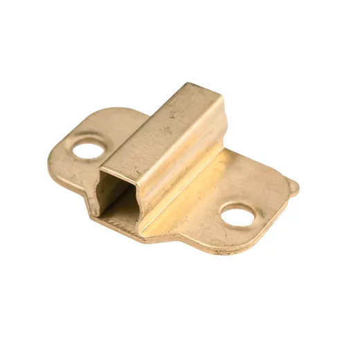Brass-coloured metal bracket with a rectangular central groove and two rounded mounting tabs, each featuring a hole for screws, photographed on a white background.