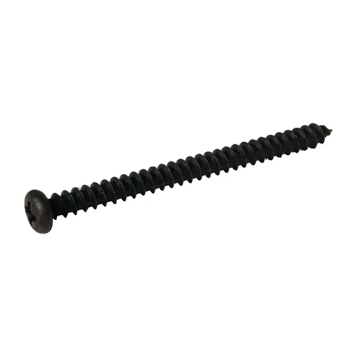 A single black Phillips head screw with a flat round head and coarse threads on a white background.