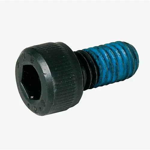 A black hex socket cap screw with blue threadlocker on the threads, displayed on a white background.