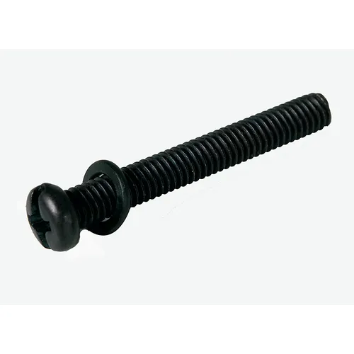 A black metal screw with a slotted round head and a washer is displayed on a white background.