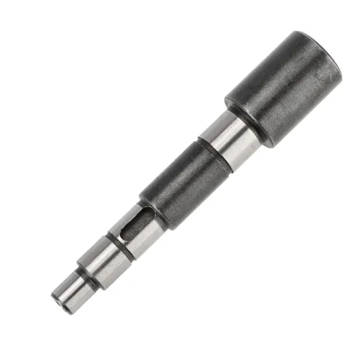 A metal cylindrical mechanical component with multiple segments and grooves, featuring a black and silver finish, displayed on a white background.