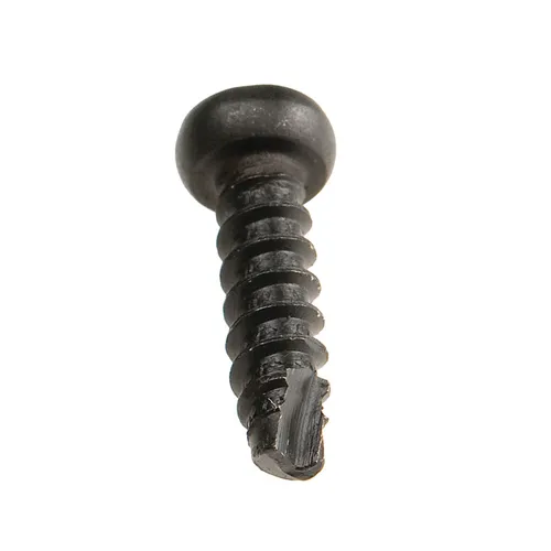 A close-up of a black metal Screw M4x20 No. 44 for Miro 955/955-S with a broken tip, isolated on a white background.