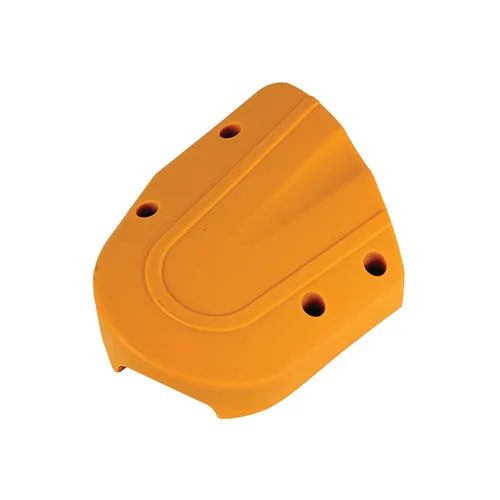 A yellow, curved plastic cover with four screw holes, featuring a raised design and smooth surface, photographed on a white background—an ideal replacement as part of the Carbon Brush+Cap Kit No. 76+78 for Miro 955/955-S or for use with a Carbon Brush assembly.