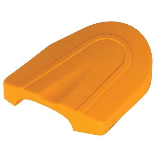A vibrant orange, curved plastic cover featuring a raised border and indented lines, shaped like a rounded trapezium. It is part of the Carbon Brush+Cap Kit No. 76+78 for Miro 955/955-S and is designed to securely house components such as a carbon brush.
