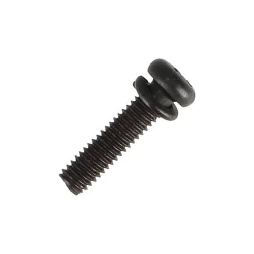 A close-up of a black metal screw with a rounded pan head and Phillips drive, partially threaded and shown against a white background—designed specifically for use with the Mirka Carbon Brush+Cap Kit No. 76+78 for Miro 955/955-S tools, either as part of an assembly or as a replacement component.