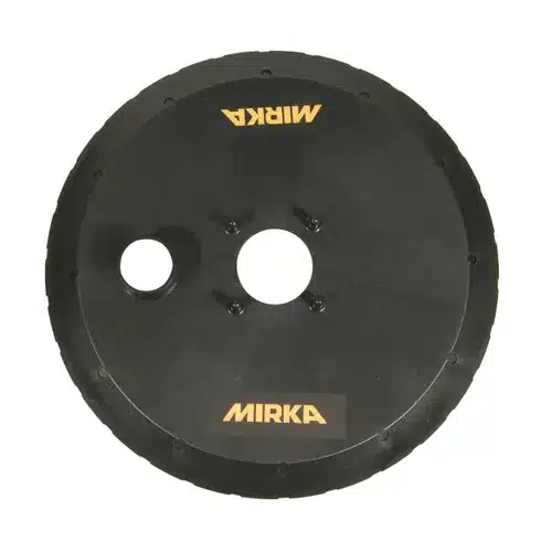 A black, circular Mirka Carbon Brush+Cap Kit No. 76+78 for Miro 955/955-S, compatible with the Cap Kit or Miro 955, featuring two central holes and distinctive yellow Mirka logos, viewed from above.