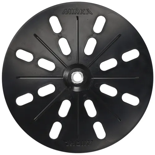 Black circular sanding pad backing plate with multiple oval-shaped holes and radial grooves. Designed for use with accessories such as the Mirka Carbon Brush+Cap Kit No. 76+78, compatible with Miro 955/955-S tools. Centre hole allows for attachment to power equipment.