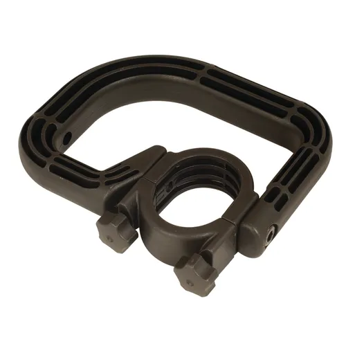 A dark brown, U-shaped plastic clamp with a textured grip and two tightening knobs, designed to securely hold cylindrical objects—ideal for installing the Mirka Carbon Brush+Cap Kit No. 76+78 for Miro 955/955-S.