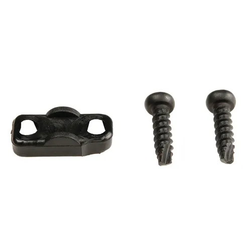 A small black plastic cable clip and two black metal screws, compatible with the Mirka Carbon Brush+Cap Kit No. 76+78 for Miro 955/955-S, are arranged side by side on a white background.