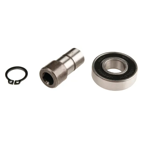 Three metal components are displayed: a circlip on the left, a cylindrical spacer in the centre, and a circular ball bearing on the right—each included as part of the Mirka Carbon Brush+Cap Kit No. 76+78 for Miro 955/955-S—neatly arranged on a white background.