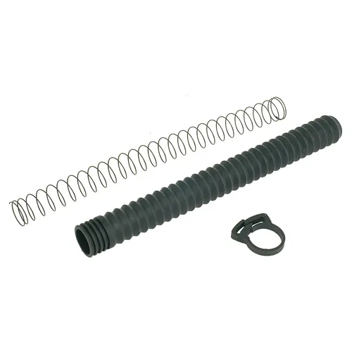 Three objects—a coiled metal spring, a corrugated black plastic tube, and a black plastic clamp—are placed on a white background, resembling components from the Mirka Carbon Brush+Cap Kit No. 76+78 for Miro 955/955-S.