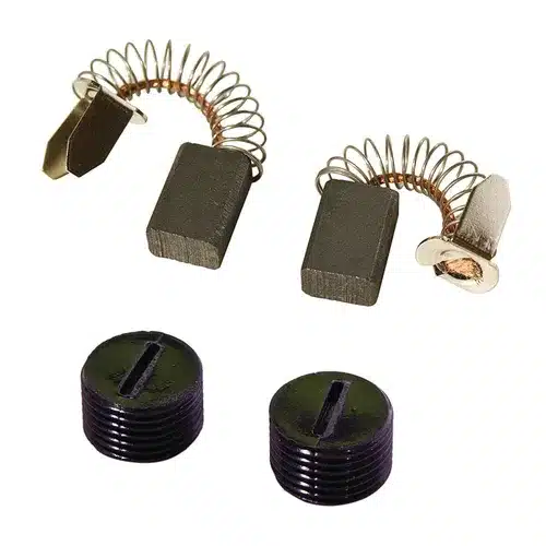 Two Mirka Carbon Brushes with coiled springs attached, along with two round, black, slotted screws from the Mirka Carbon Brush+Cap Kit No. 76+78 for Miro 955/955-S, are pictured on a white background.