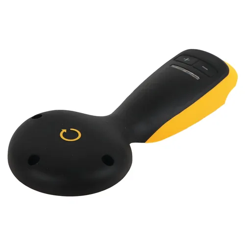 A black and yellow hand-held device featuring a power symbol, volume buttons, and an ergonomic curved design.