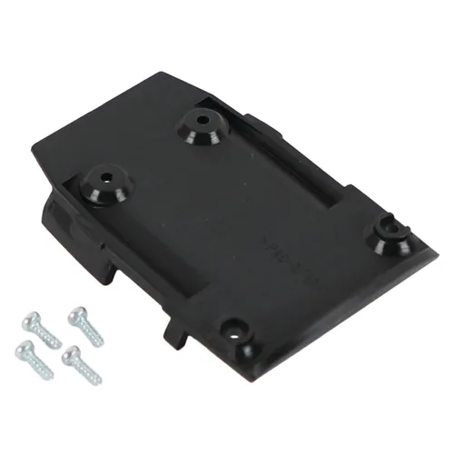 A black plastic mounting plate with four screw holes is displayed next to four silver screws on a white background.
