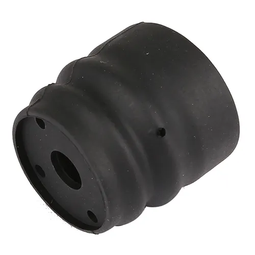 A black, cylindrical rubber bush with grooves and several holes, viewed at an angle against a white background.