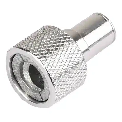 A metal coaxial cable connector with a textured grip, displayed at an angle on a white background.