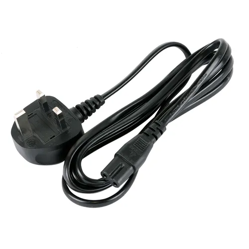 A black UK three-pin power lead with a fused plug on one end and a two-slot connector on the other, coiled loosely on a white background.