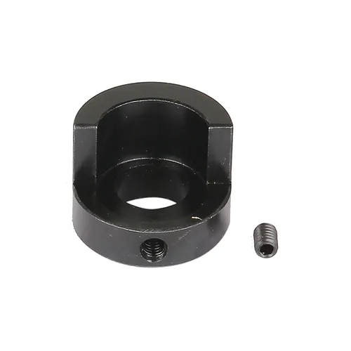 A small, round, black metal collar with a cut-out section and a threaded hole is displayed beside a matching black grub screw on a plain white background.