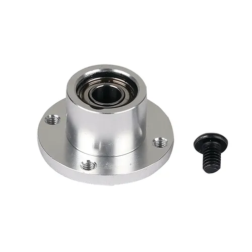 A metal flange bearing with three screw holes sits beside a single black screw on a white background.
