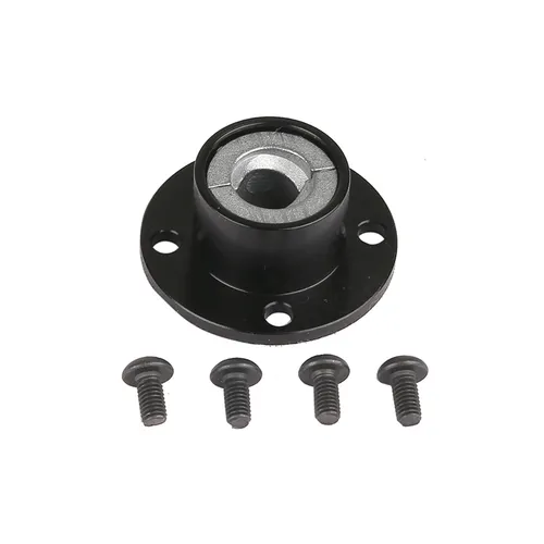 A black circular mounting flange with a centred metal bearing and four screw holes, displayed with four black screws arranged in front of it on a white background.