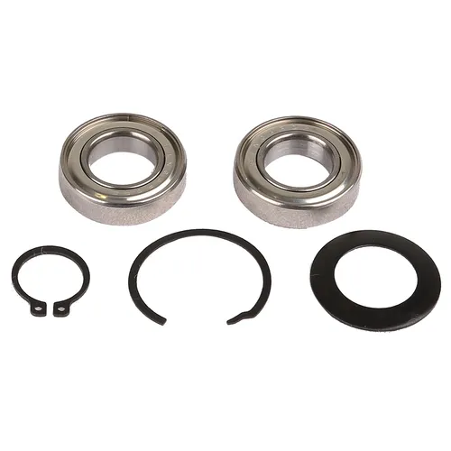 Two metal bearings and three different black retaining rings and washers are placed on a white background.