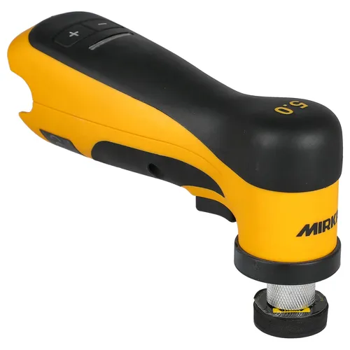 The Mirka AOS-B 130 32mm Max 12V w/o Battery/Charger is a compact yellow and black handheld power tool with a rounded grip and plus and minus buttons. It features a precise 32mm sander head, making it ideal for detailed work.