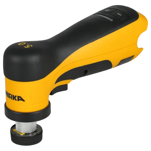 The Mirka AOS-B 130 32mm Max 12V w/o Battery/Charger is a yellow and black handheld power tool with a rounded top and control buttons. It features a sturdy metal attachment at the base for sanding or polishing, and its precise 32mm pad makes it ideal for detailed work using 12V power.
