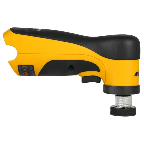 A compact yellow and black handheld pneumatic tool, the Mirka AOS-B 130 32mm Max 12V w/o Battery/Charger features a round metal attachment at the end for sanding or grinding tasks. It includes a black handle, visible safety certification labels, and is designed for precision work.