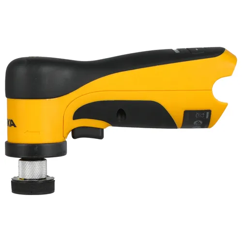 A yellow and black cordless power tool, the Mirka AOS-B 130 32mm max 12V w/o Battery/Charger, features a cylindrical metal attachment at the front and is designed as a compact sander for precise tasks.