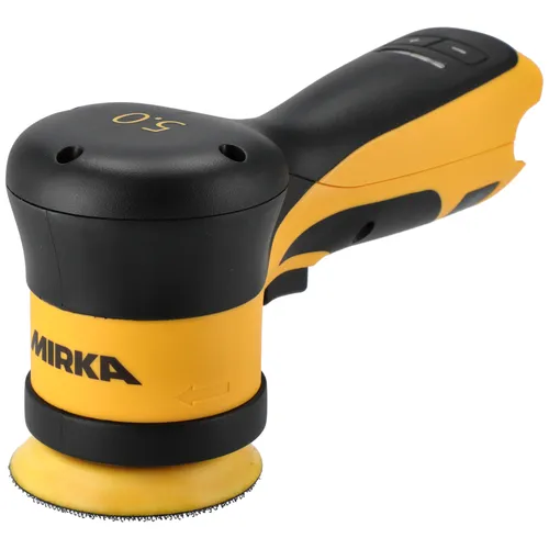A compact and powerful yellow-and-black handheld electric sander, the Mirka AOS-B 130 32mm Max 12V (without battery or charger), features a round 32mm sanding pad and is designed for smoothing surfaces.