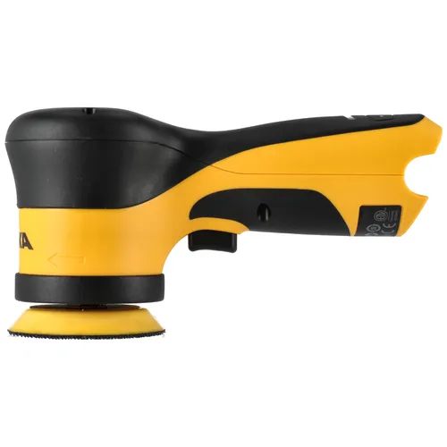 A yellow and black handheld power tool, identified as the Mirka AOS-B 130 32mm Max 12V w/o Battery/Charger, is shown in a side view against a white background. This cordless model operates on a powerful 12V system but is pictured without its battery or charger.