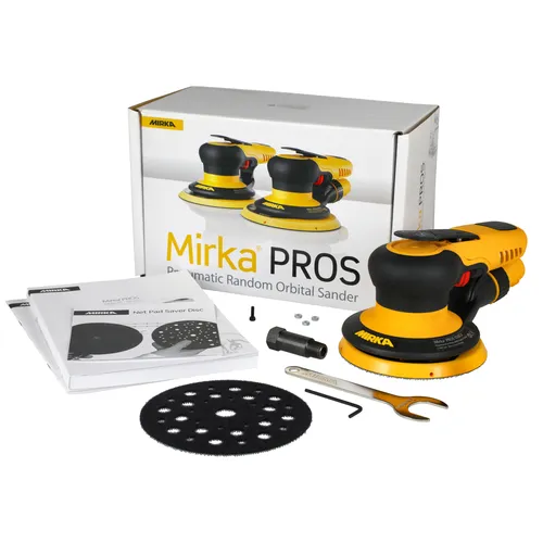 A Mirka PROS 550CV Ø 125mm 5.0MM Orbit Air Sander kit that includes the pneumatic random orbital sander, sanding disc, spanner, instruction manuals, adaptor, and the product box shown in the background.