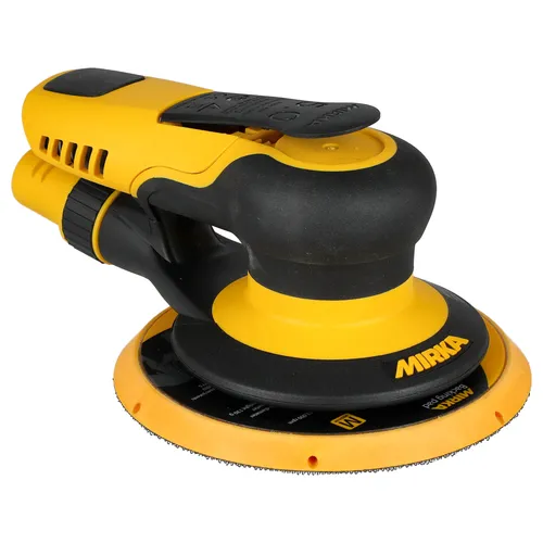 The Mirka PROS 650CV 150mm Central Vacuum Orbit 5.0 is a yellow and black electric sander equipped with a 150mm circular sanding pad, ideal for smoothing surfaces in woodworking or car body work. It features ergonomic grips, visible vent slots, and an Orbit 5.0 movement for comfortable and efficient operation.