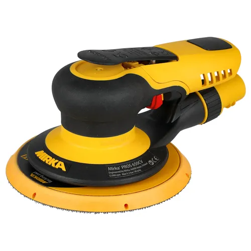 The Mirka PROS 650CV 150mm Central Vacuum Orbit 5.0 is a yellow and black electric orbital sander featuring an ergonomic handle, a large 150mm central vacuum sanding pad, and airflow vents. Its 5.0 mm orbit provides efficient sanding performance.