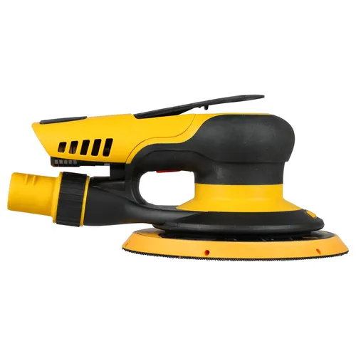 A yellow and black Mirka PROS 650CV 150mm Central Vacuum Orbit 5.0 electric orbital sander with a round sanding pad, ergonomic handle, and central vacuum dust extraction port, viewed from the side against a white background.