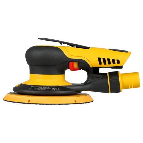 The Mirka PROS 650CV 150mm Central Vacuum Orbit 5.0 sander, in distinctive yellow and black, features a round 150mm sanding pad and an Orbit 5.0 action for efficient surface smoothing, and is equipped with a convenient hose attachment for central vacuum dust extraction.