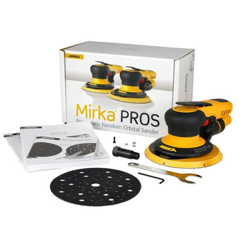 Introducing the Mirka PROS 650CV 150mm Central Vacuum Orbit 5.0 kit—a pneumatic random orbital sander set that includes the sander, a sanding pad, relevant accessories, manuals, a spanner, and comes attractively packaged in the product box as shown in the background.