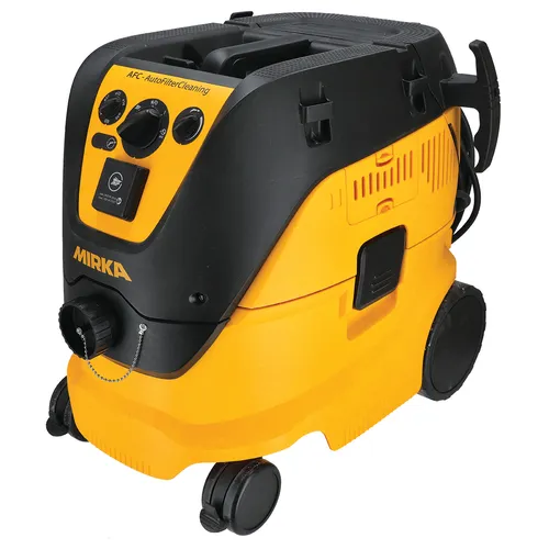 A yellow and black Mirka dust extractor vacuum featuring four wheels, control knobs, and a hose attachment, intended for use in industrial or workshop settings.