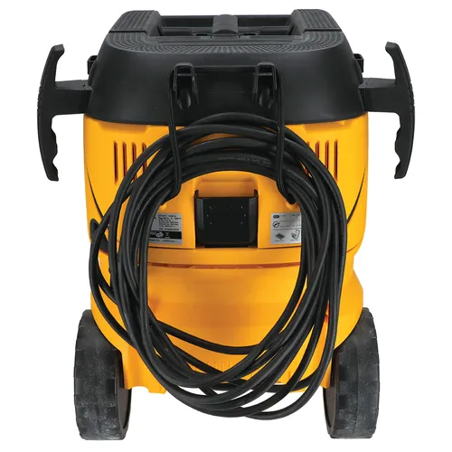Yellow and black portable shop vacuum seen from the back, featuring two large wheels, a coiled power lead, and black handles on the sides.