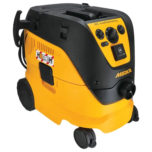 Yellow and black Mirka industrial vacuum cleaner with wheels, control buttons, and a handle on top, designed for dust extraction and cleaning tasks.
