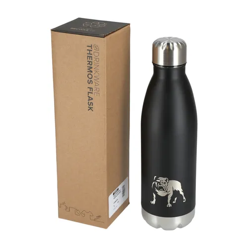 A black vacuum flask with a silver bulldog design stands next to a brown cardboard box.