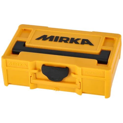 A yellow Mirka Mini Case, crafted from plastic and featuring a black catch and handle, is pictured closed.