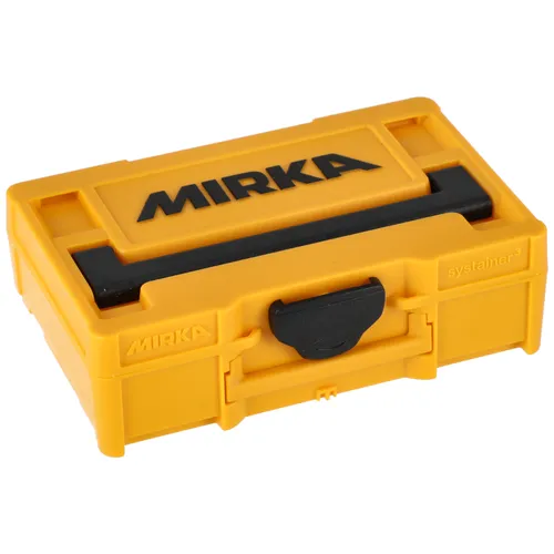 A Mirka Mini Case in yellow plastic features a black handle and front catch for easy carrying and secure storage of tools or equipment.