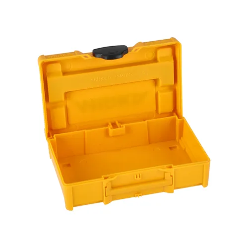 An open, empty Mirka Mini Case in yellow plastic with a black catch and carry handle, photographed against a white background.