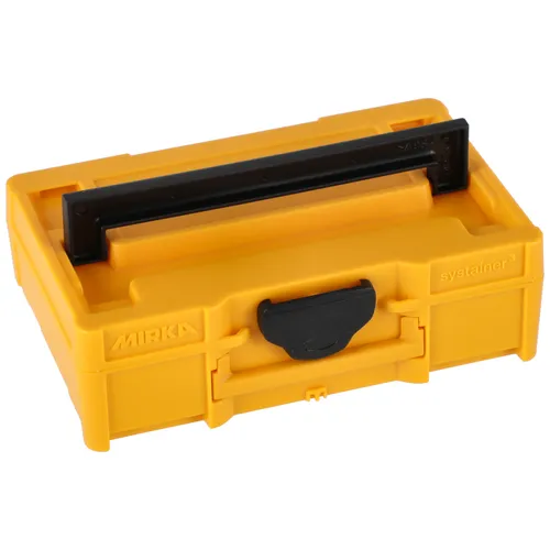 A Mirka Mini Case in yellow plastic, featuring a black handle on top and a black front catch.