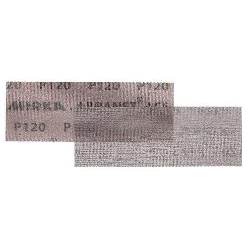 Two rectangular pieces of mesh sandpaper are shown from both the printed side and the plain mesh side on a white background. These high-performance sanding sheets from Mirka offer excellent dust extraction and consistent abrasion.