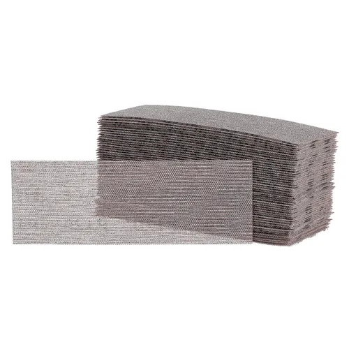 A stack of Mirka Abranet ACE 70x198mm Grip Sanding Sheets (50pcs), with one sheet standing upright to highlight its textured surface and fine grid pattern, designed for high-performance sanding applications.