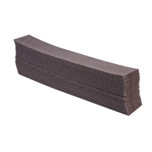 A stack of Mirka Abranet ACE 70x420mm Grip Sanding Sheets, rectangular and dark grey, is shown neatly aligned and viewed from an angle on a white background.