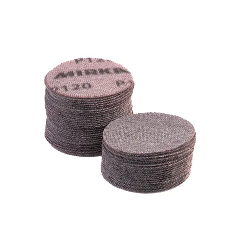 Two stacks of round, grey sanding discs are displayed against a white background. The discs include Mirka Abranet ACE 77mm Grip Sanding Discs (100pc), featuring a textured surface on the top disc of the taller stack.